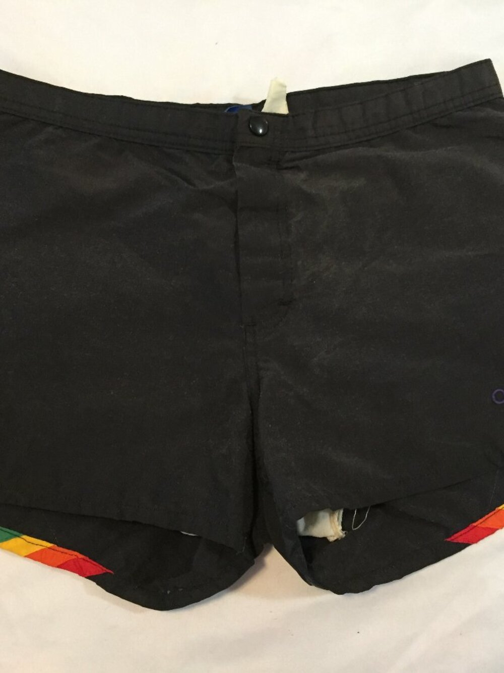 Vintage 80s Ocean Pacific OP Surf Shorts Black Rainbow Stripe Men's S* Swimwear